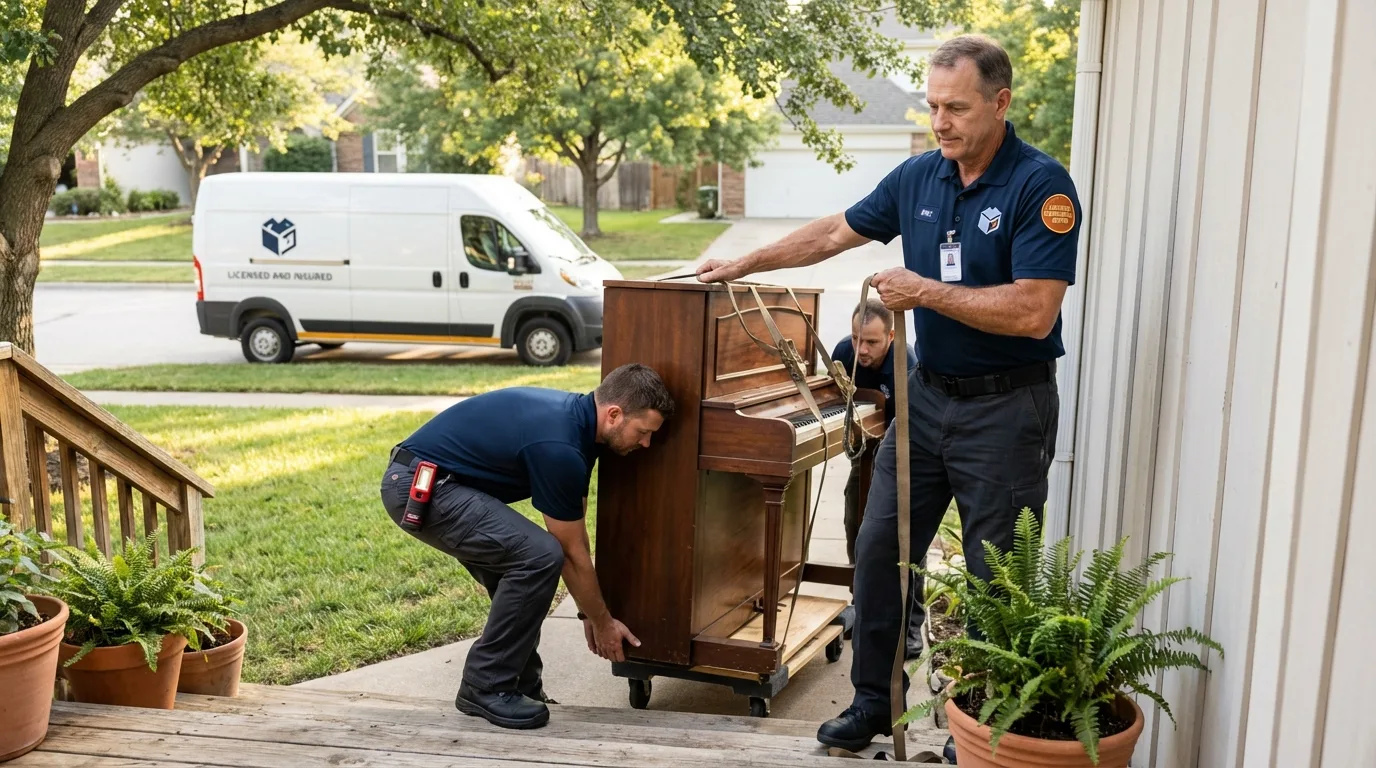Licensed piano movers securing grand piano in Wharton, NJ
