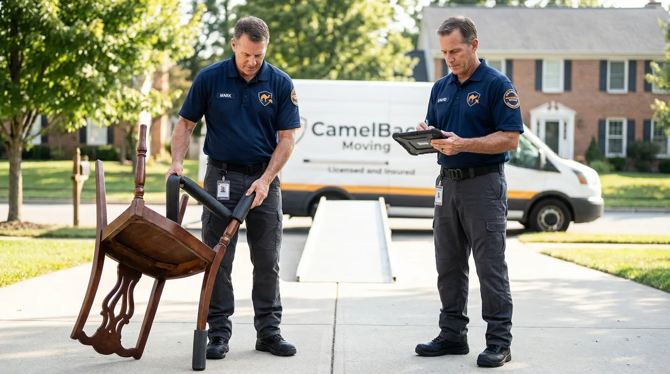 Movers inspecting furniture for damage prevention before loading in Wharton, NJ