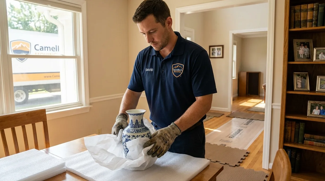 Professional crew carefully wrapping antique vase for senior downsizing move in Wharton, NJ